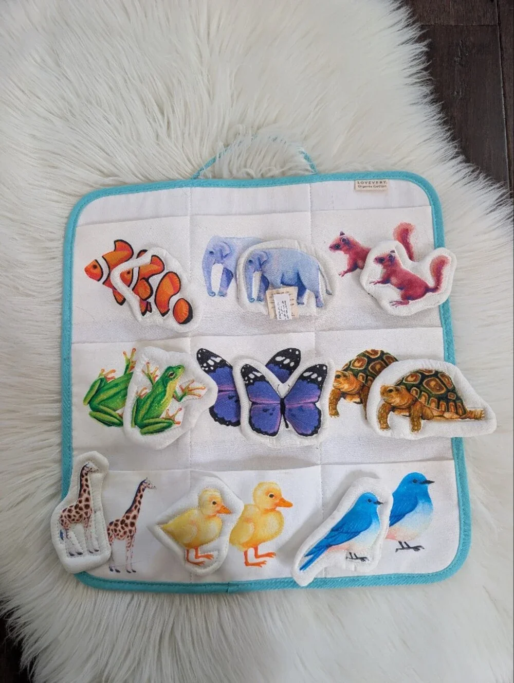 Lovevery Realist Play Kit 19-21Mo Quilted Critter Pockets Animals Cotton Hanger